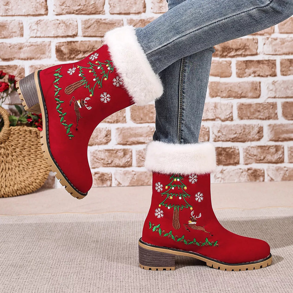 Christmas Embroidered Block Heel Ankle Boots