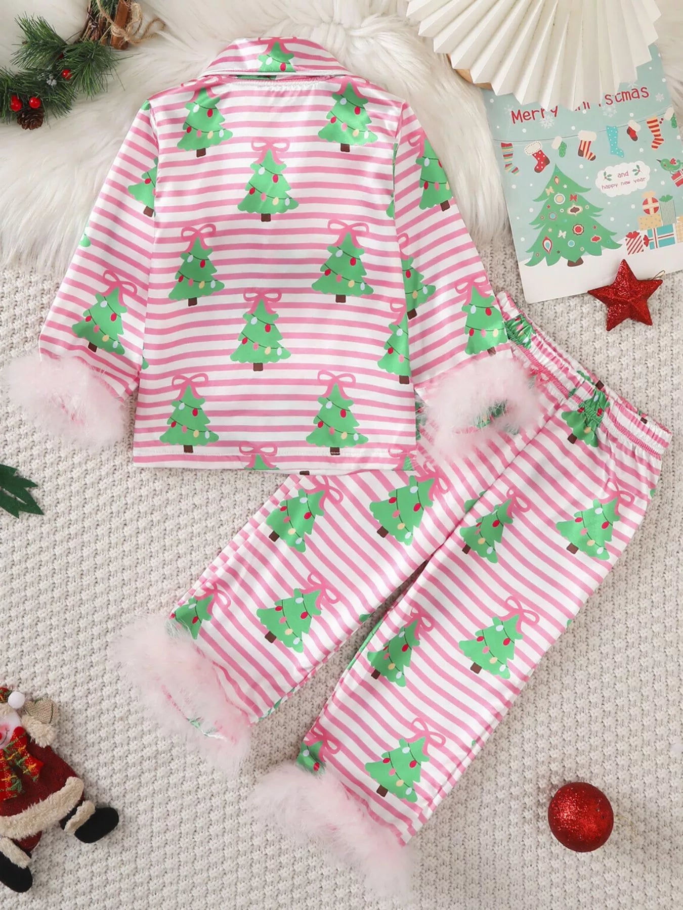 Children's Christmas Tree Print Fluffy Cuff Pajama Set