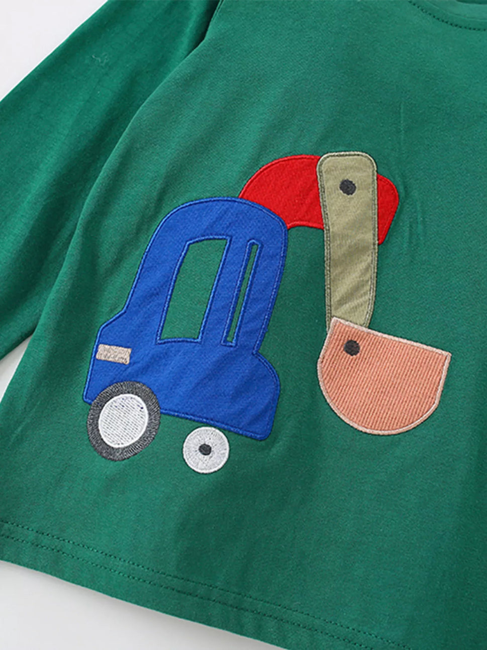 Children's Excavator Applique Long Sleeve Top and Pants Set