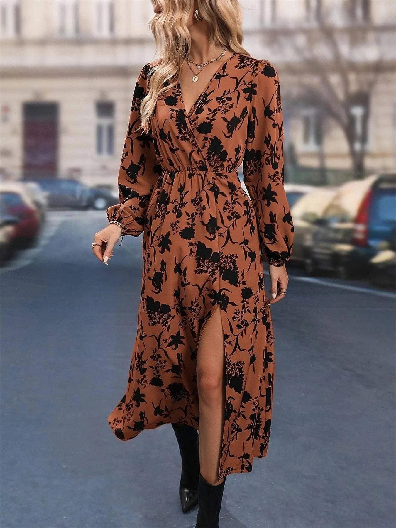 Printed Surplice Long Sleeve Dress