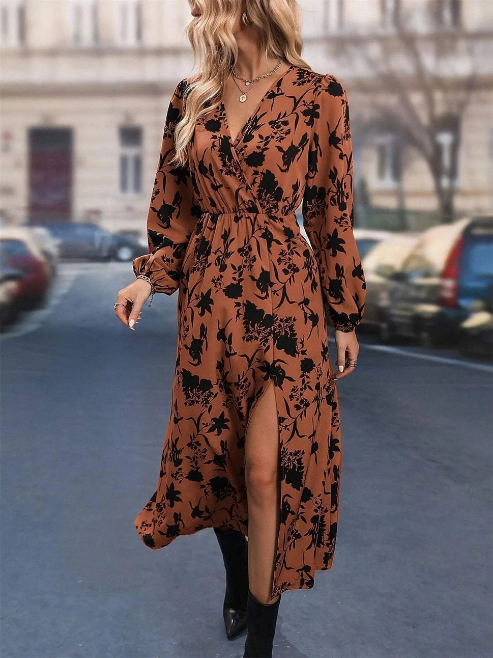 Printed Surplice Long Sleeve Dress
