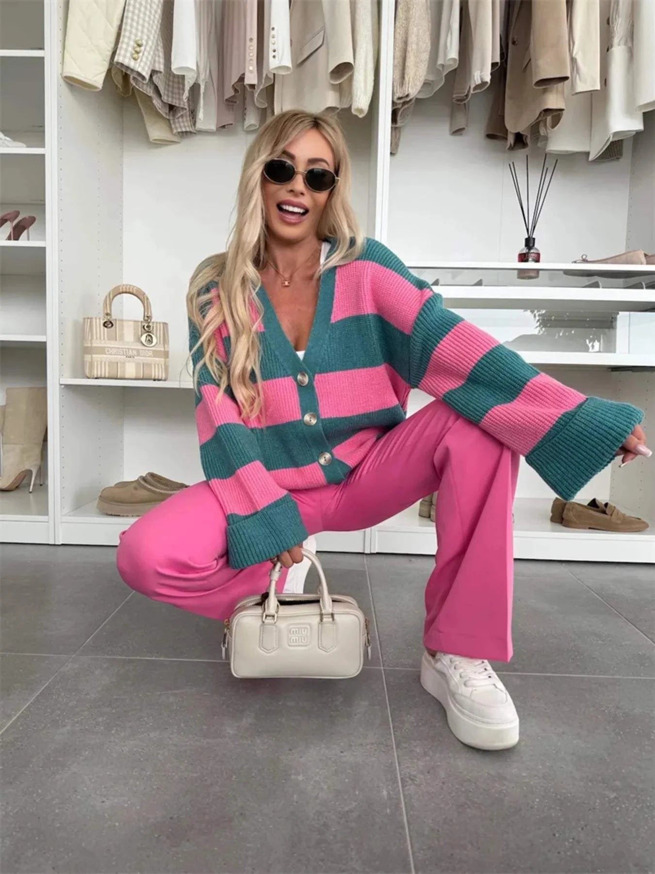 Color Block Striped V-Neck Button Front Cardigan