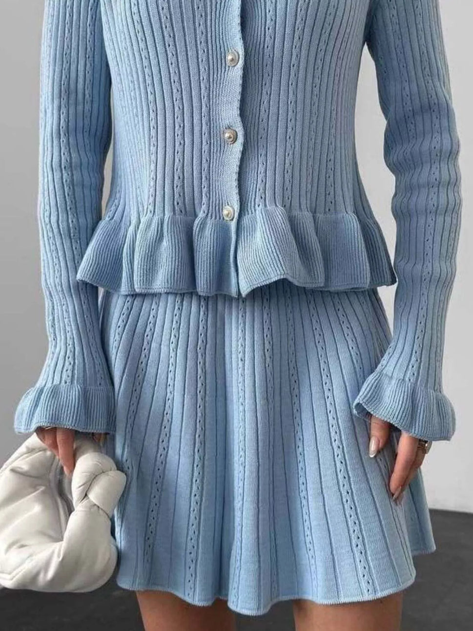 Ruffle Trim Knit Cardigan & Skirt Set