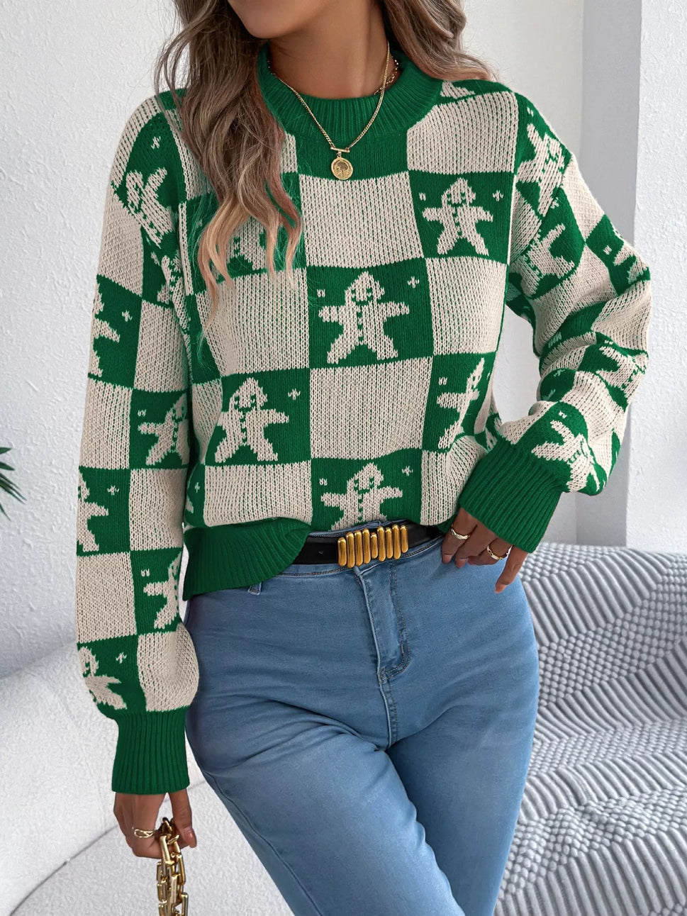 Christmas Checkerboard Gingerbread Round Neck Sweater
