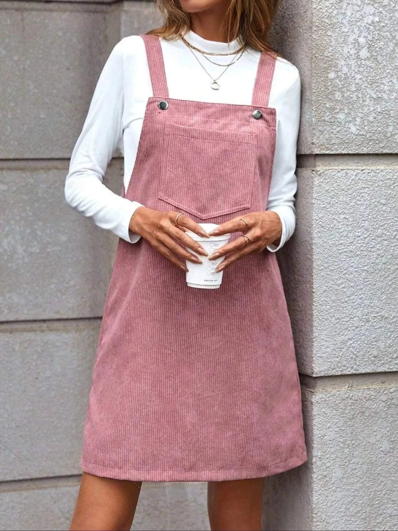 Corduroy Overall Mini Dress with Pocket