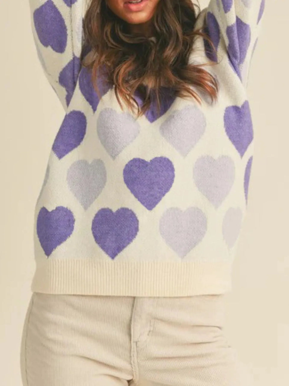 Heart Ribbed Hem Long Sleeve Sweater