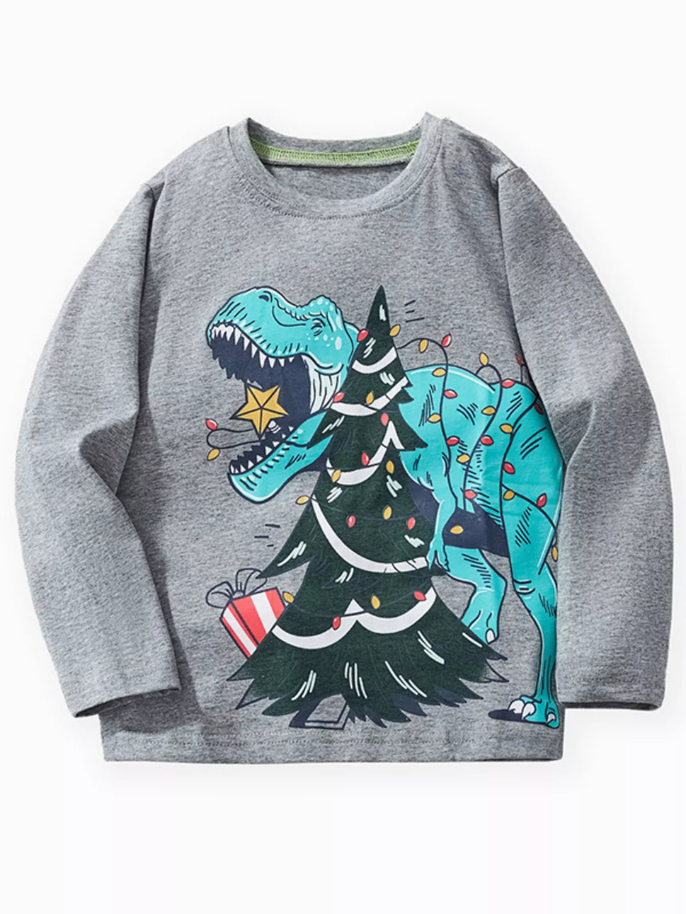 Children's Dinosaur Christmas Tree Graphic Long Sleeve T-Shirt