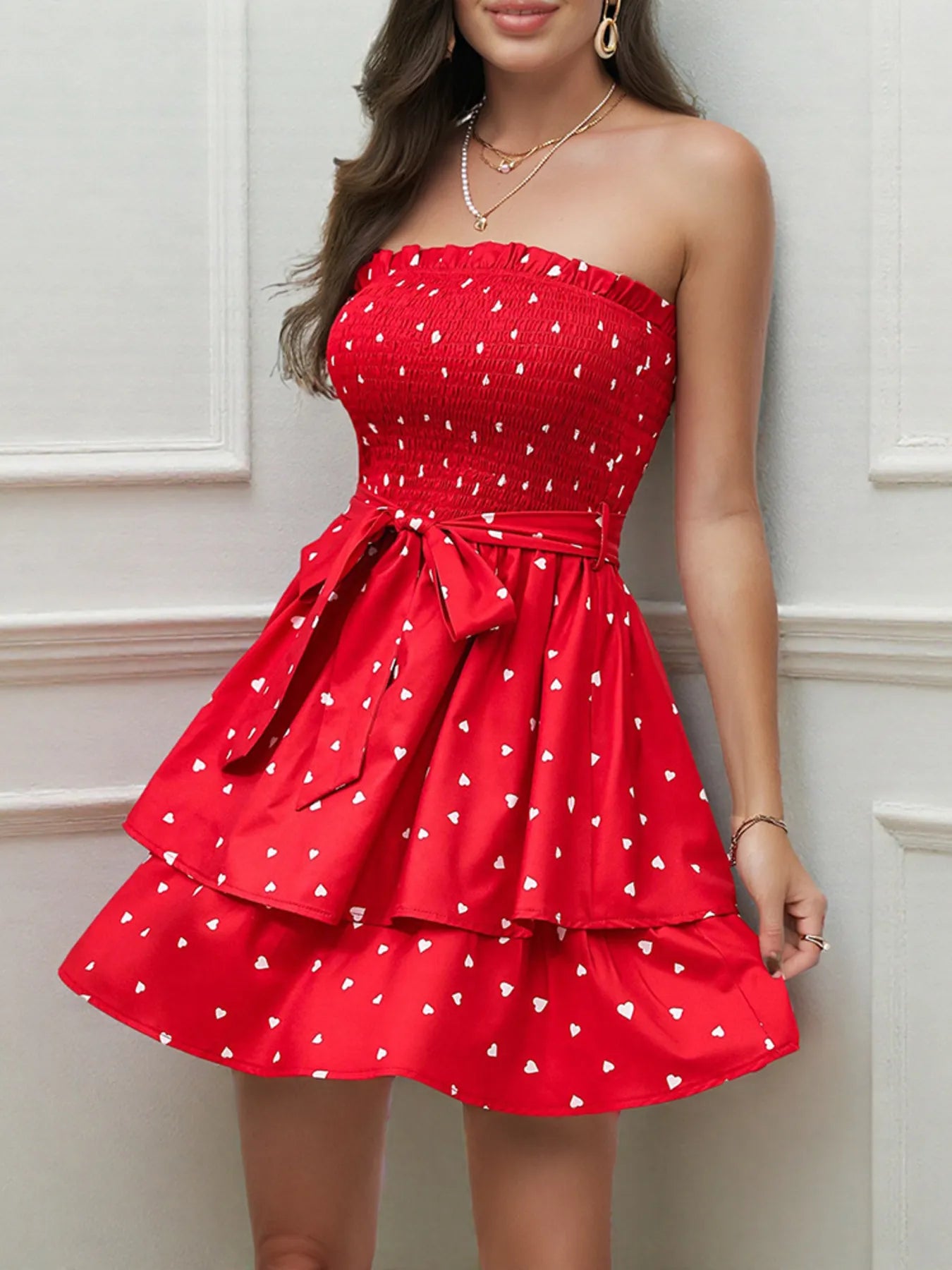 Smocked Heart Print Tube Dress