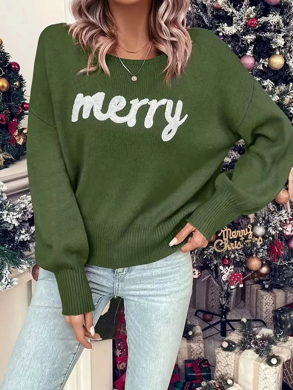Merry Round Neck Dropped Shoulder Christmas Sweater