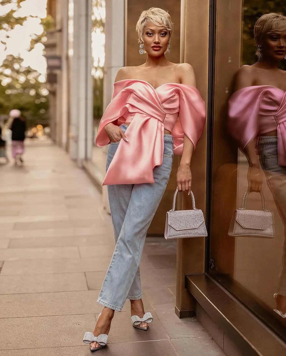 Summer Satin Bow Pleated Off-Shoulder Crop Top