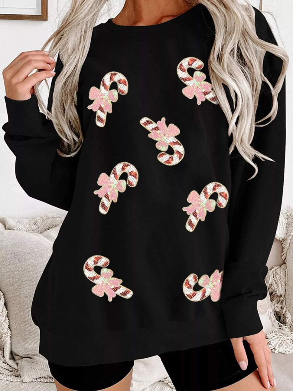 Christmas Candy Cane Sequin Patch Baggy Sweatshirt