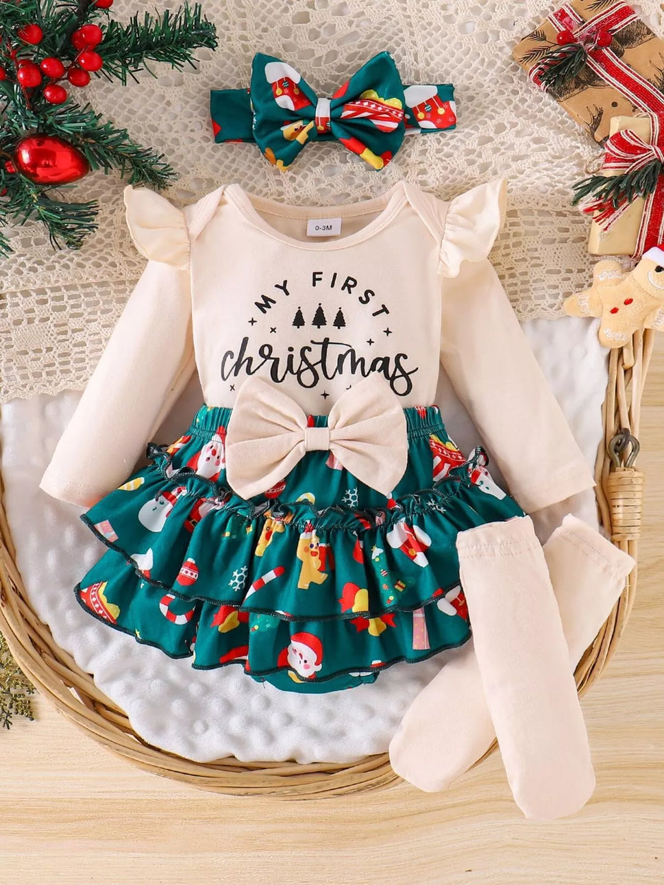 Children's Christmas Ruffled Long Sleeve Top and Skirt Set with Headband