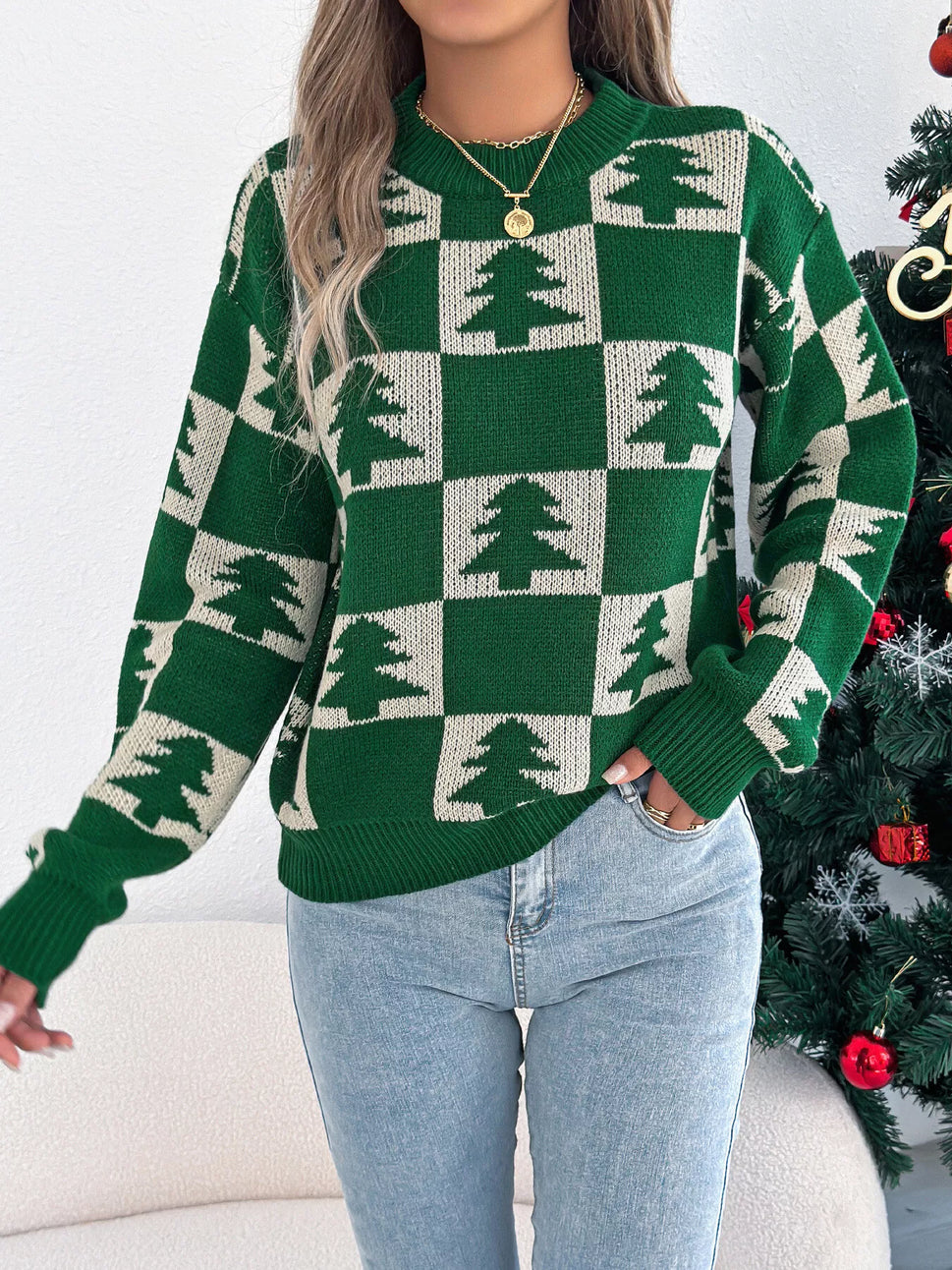 Christmas Tree Checkerboard Pattern Sweater