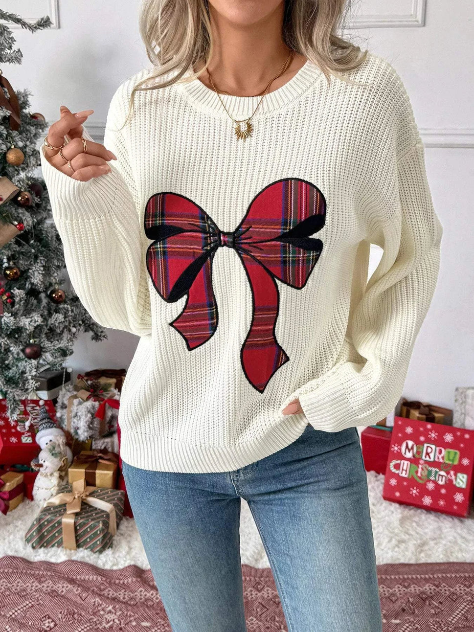 Christmas Bow Dropped Shoulder Sweater