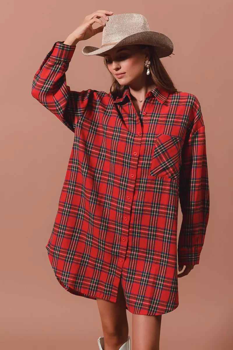 SO ME Christmas Checker Plaid Button Up Shirt Dress