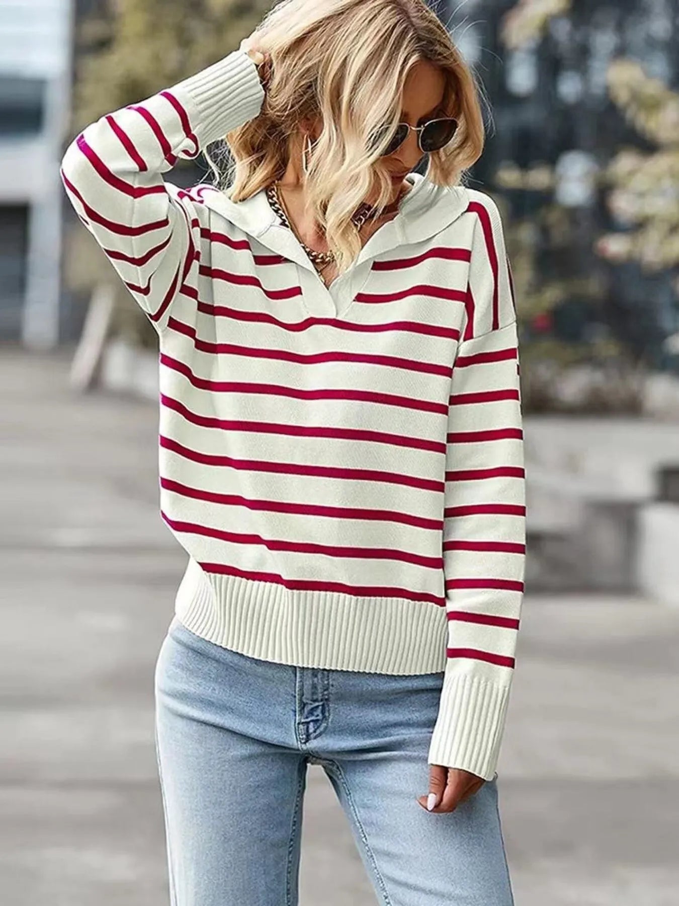 Ribbed Hem Long Sleeve Striped Sweater