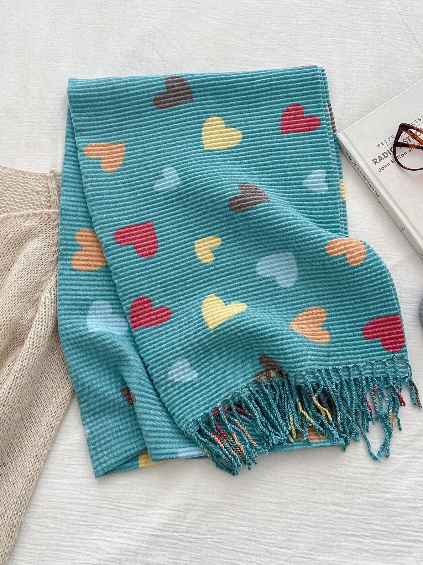 Heart Patterned Tassel Scarf