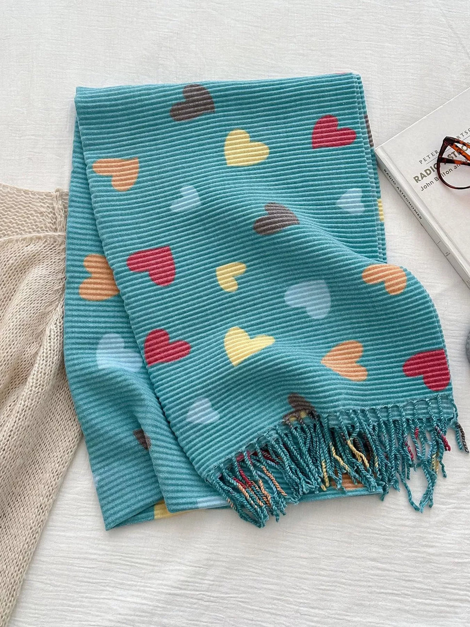 Heart Patterned Tassel Scarf