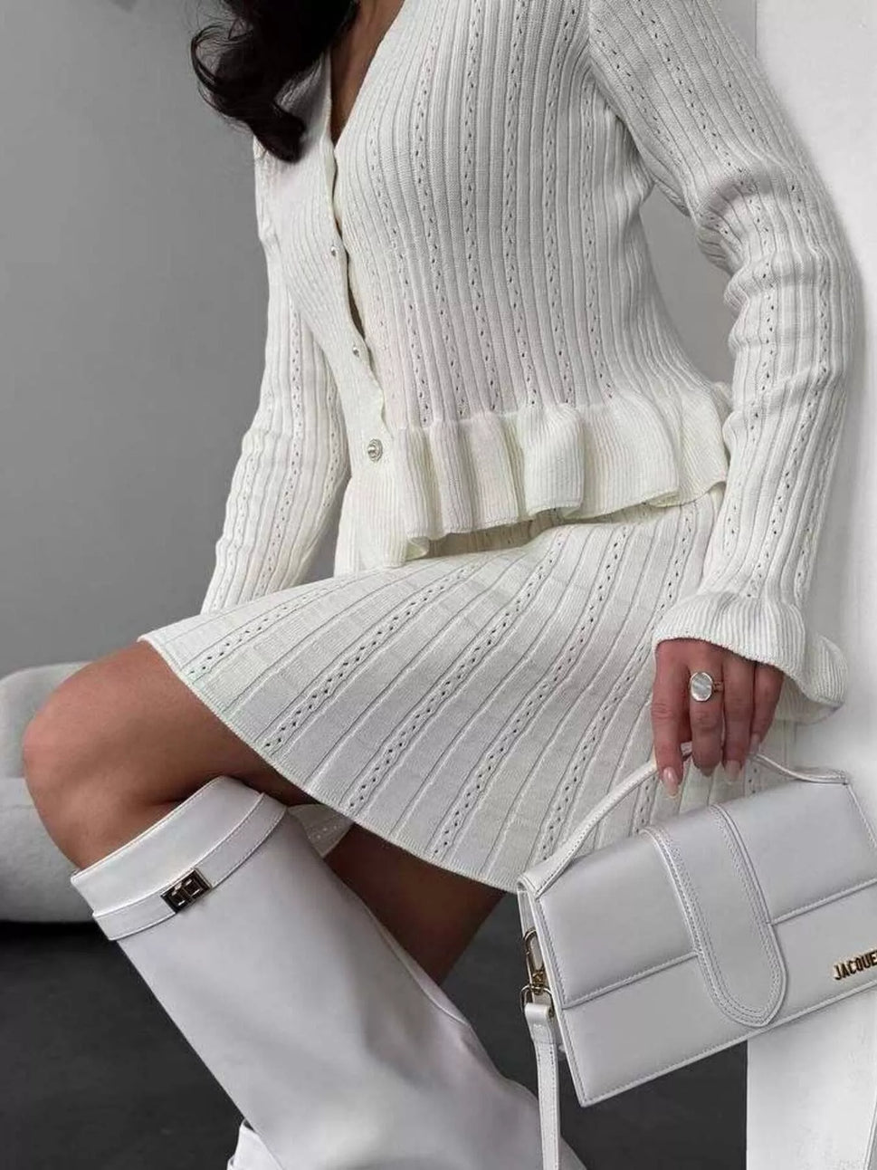 Ruffle Trim Knit Cardigan & Skirt Set