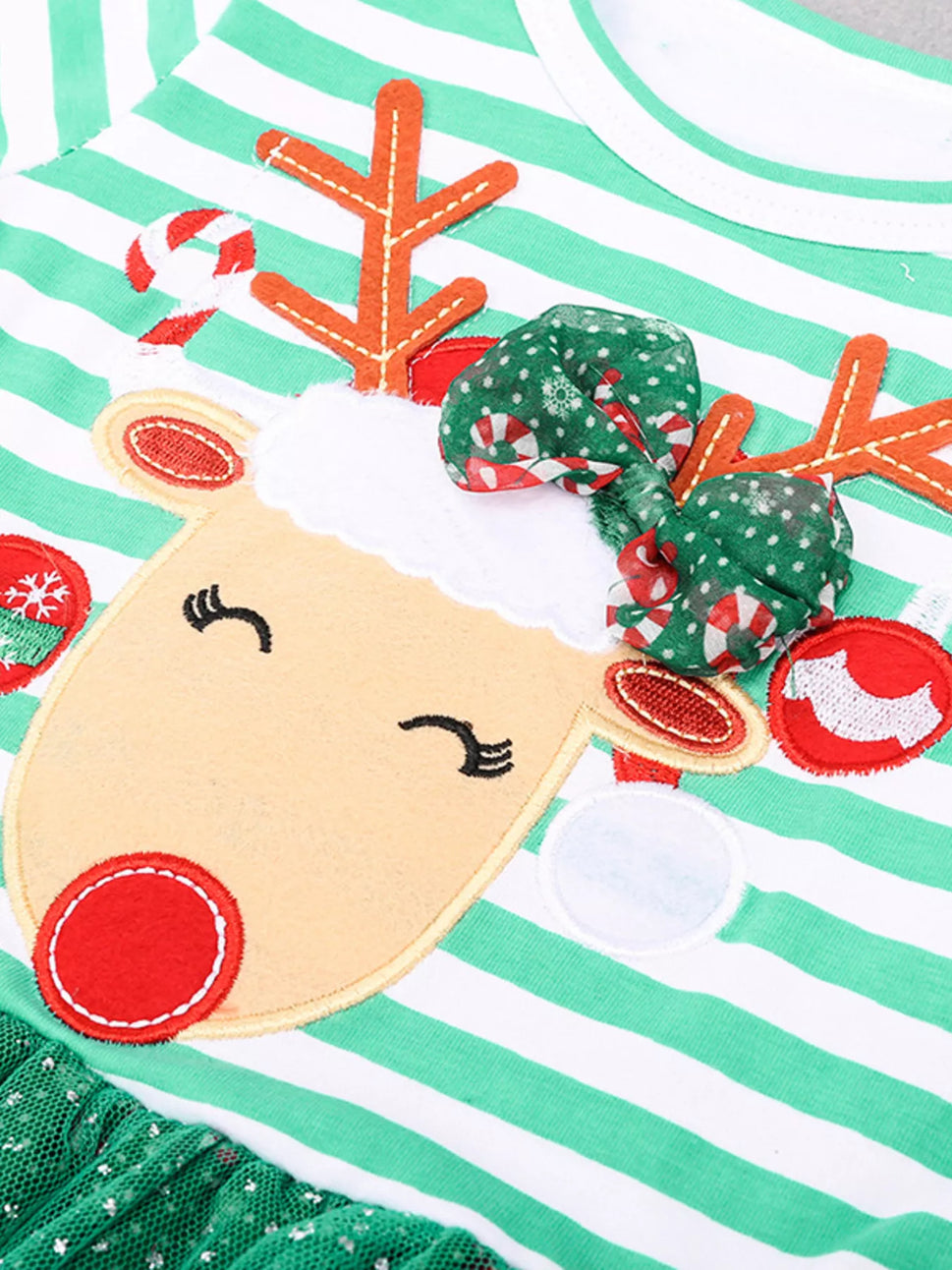 Children's Christmas Reindeer Applique Striped Long Sleeve Dress
