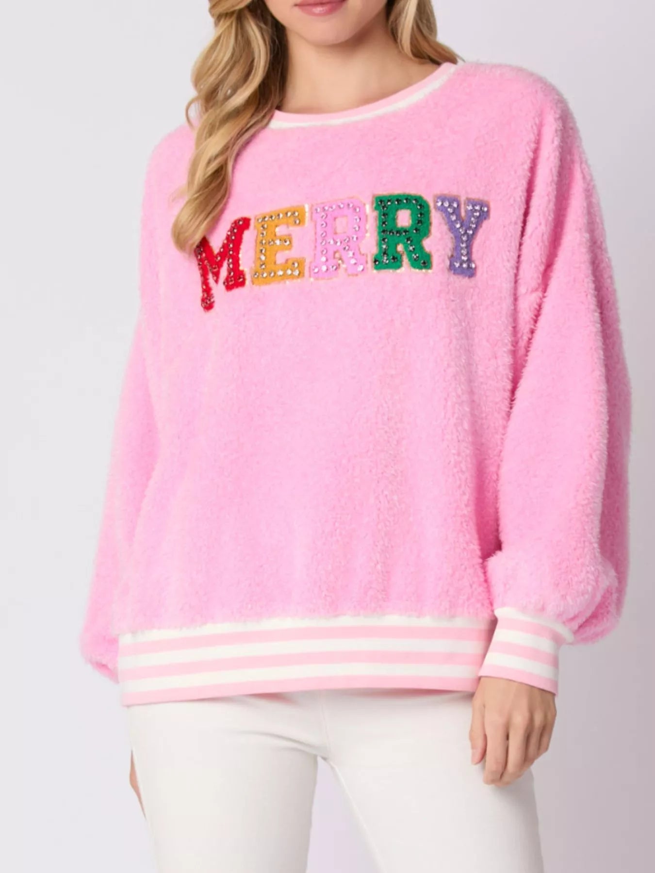 Rhinestone Merry Christmas Round Neck Sweatshirt