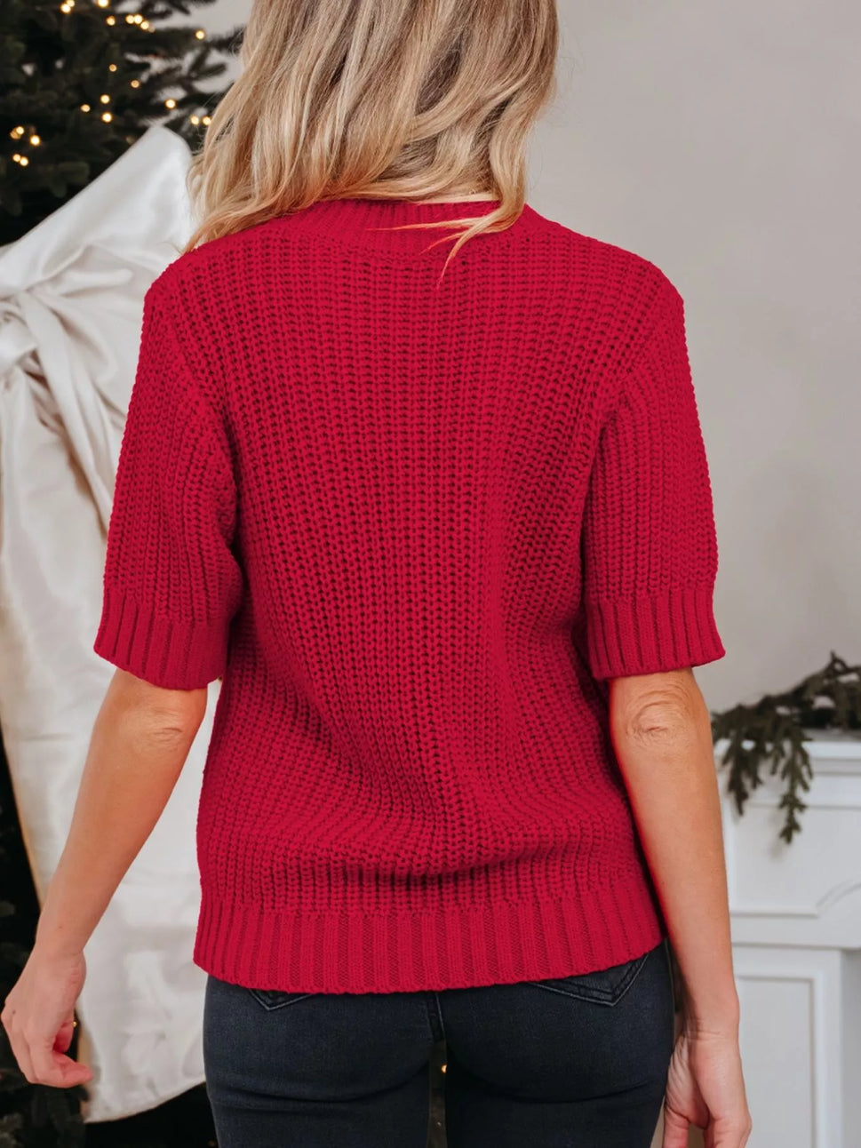 Plaid Lace Up Detail Christmas Holiday Puff Short Sleeve Sweater
