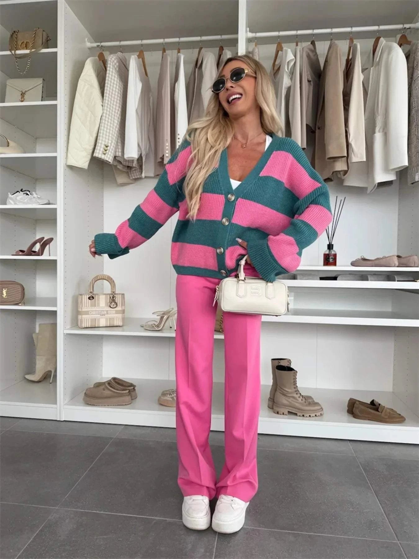 Color Block Striped V-Neck Button Front Cardigan
