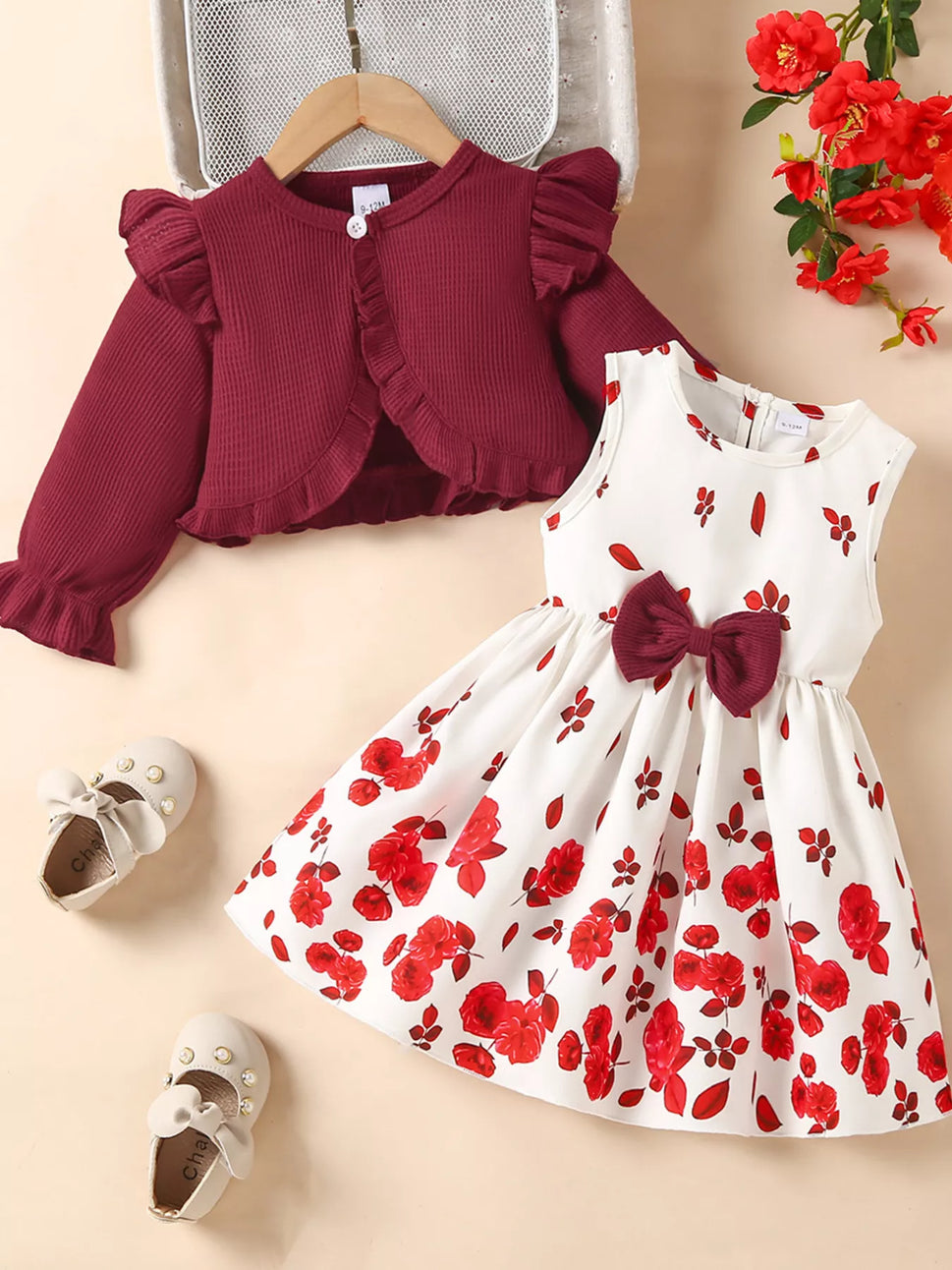 Children's Bow Dress & Ruffle Trim Cardigan Set