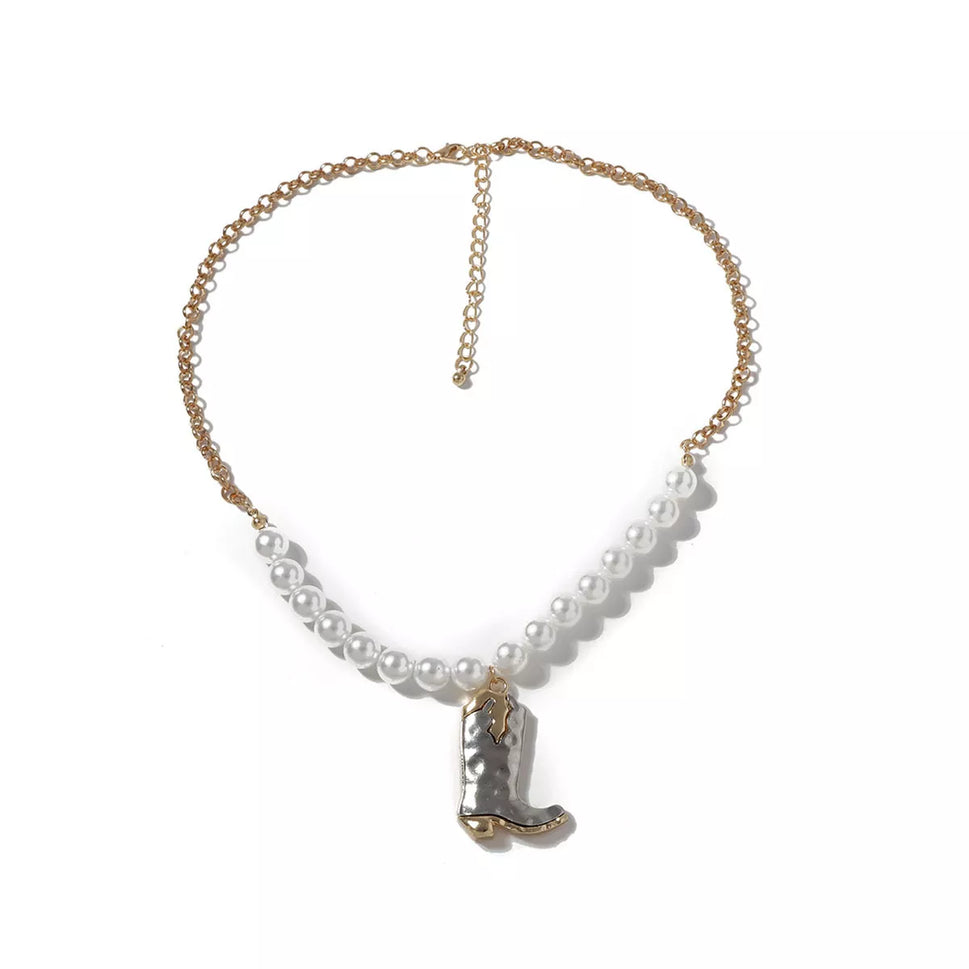 Western Style Pearl Boot Pendant Necklace