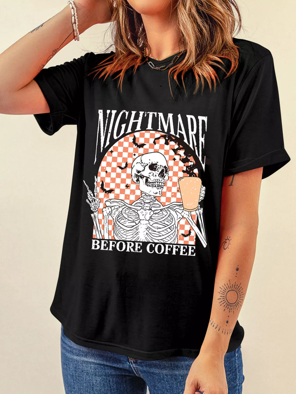 Halloween Skull Checkerboard Graphic Round Neck T-Shirt