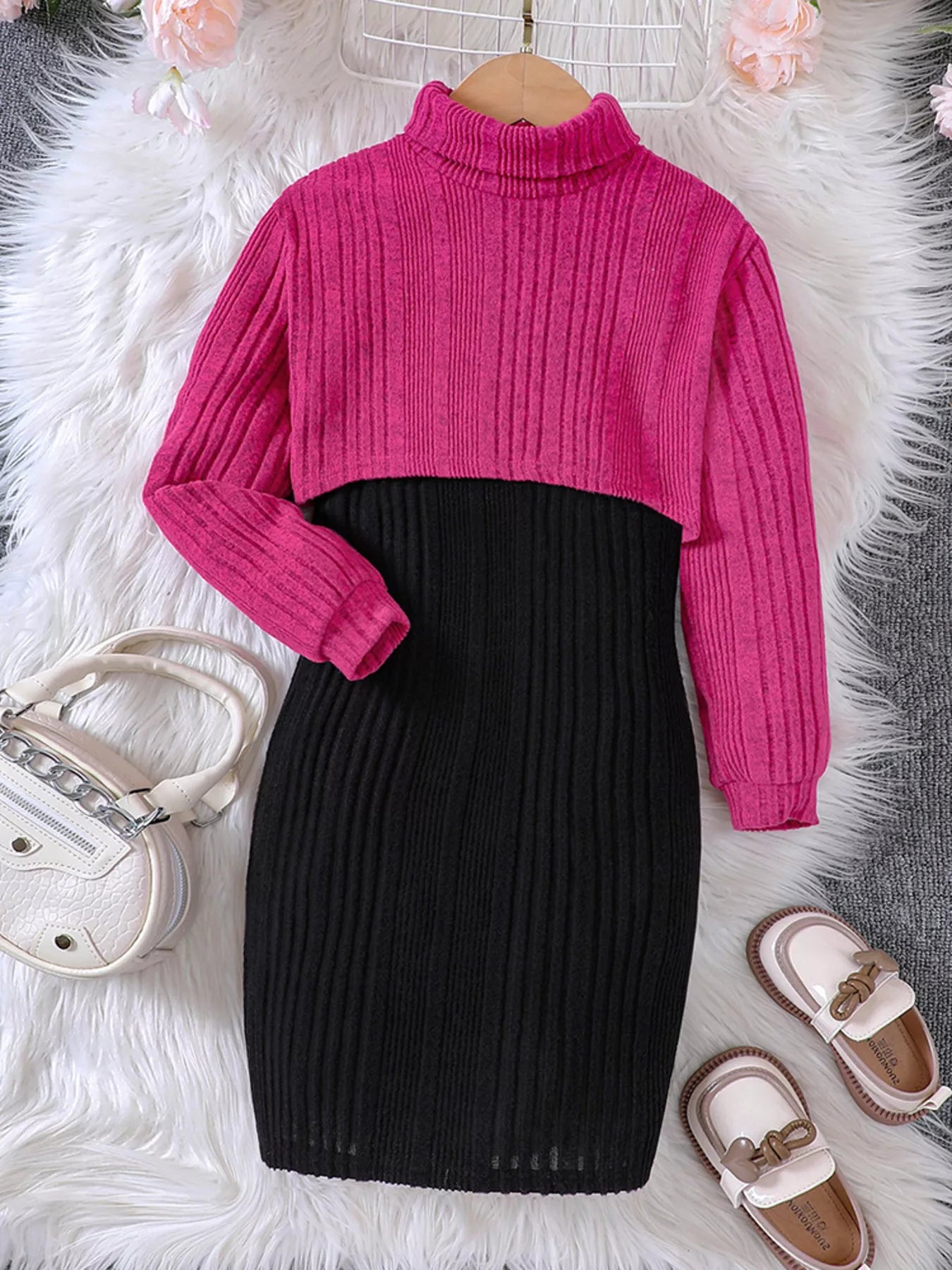 Children's Ribbed Knit Two-Tone Dress Set