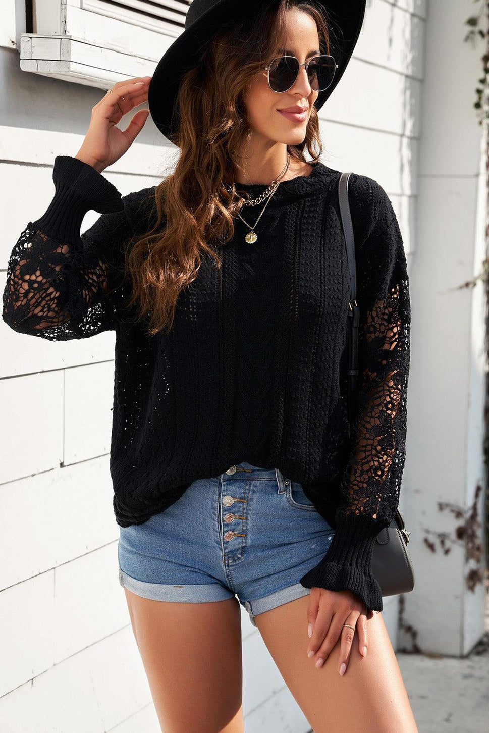 Openwork Lantern Sleeve Dropped Shoulder Sweater