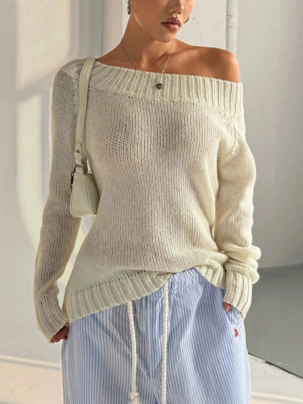 Ribbed Knit Boat Neck Sweater