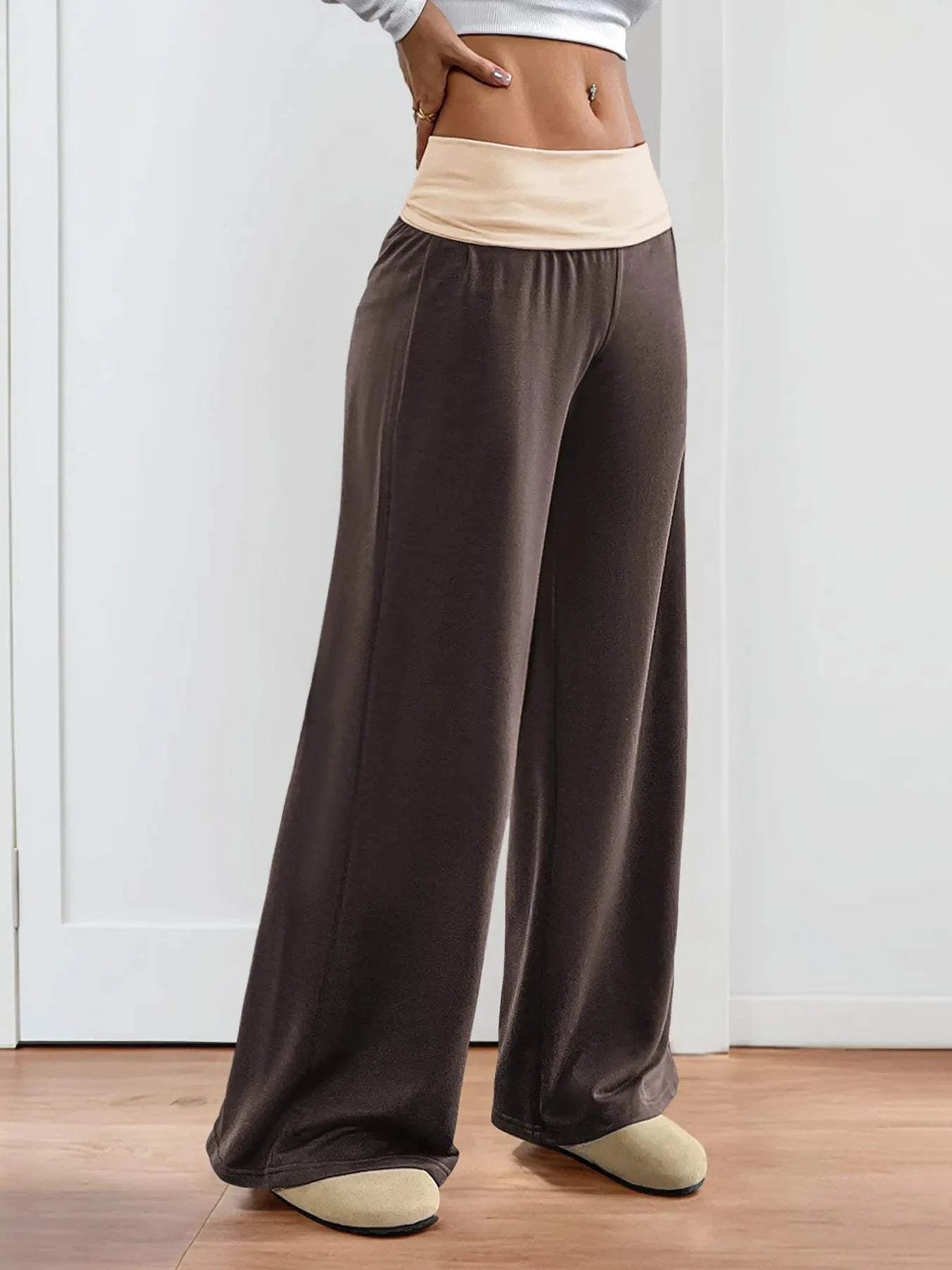 Contrast Waistband Wide Leg Pants