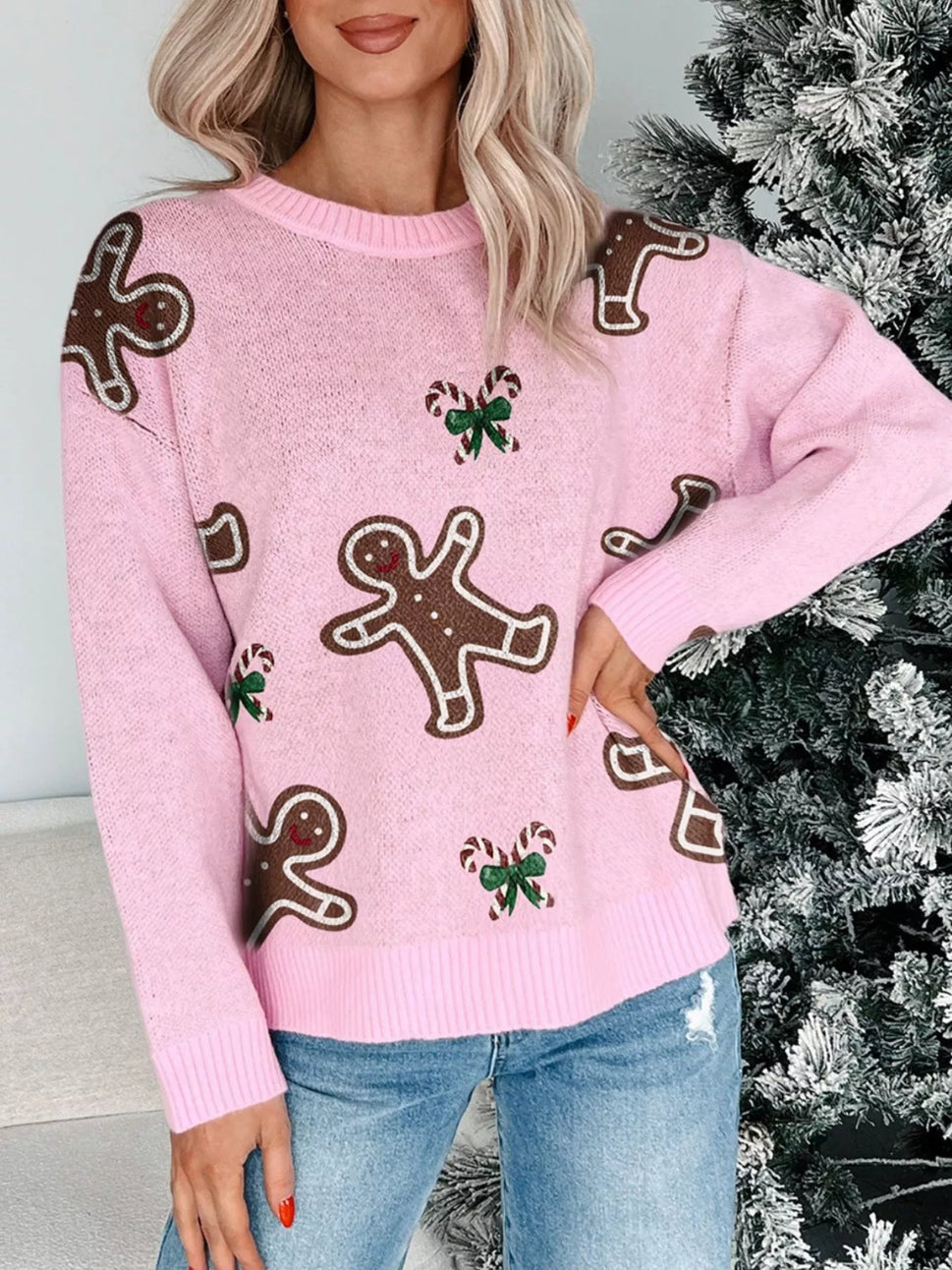 Christmas Ginger Bread Man Round Neck Casual Sweater