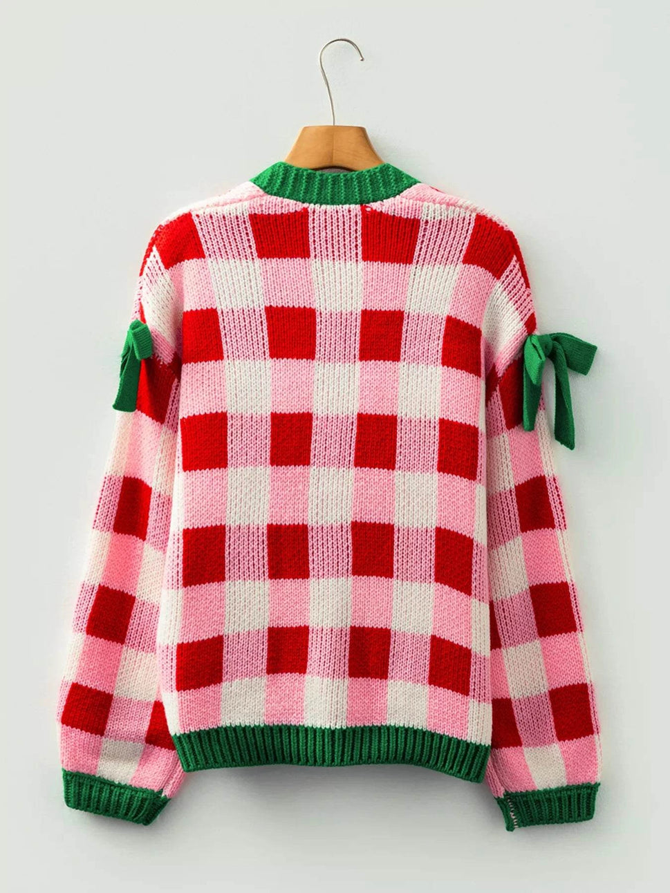 Checkered Bow-Tie Sleeve Knit Christmas Cardigan