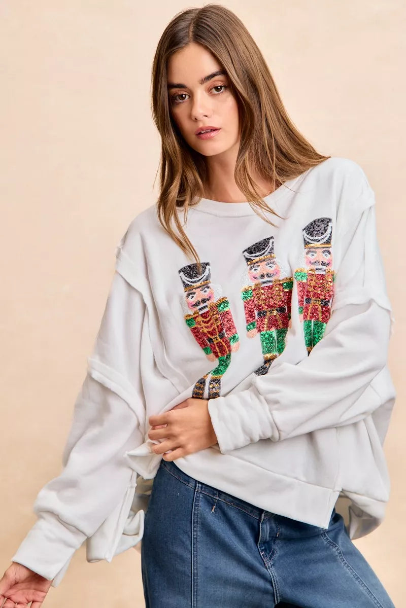 BiBi Christmas Sequin Nutcrackers Embroidery Sweatshirt