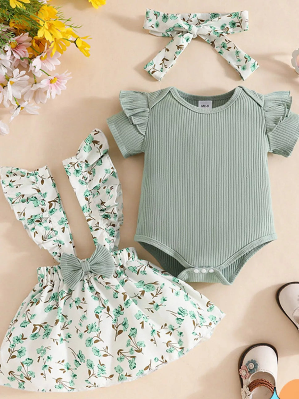 Children's Floral Print Ruffle Trim Baby Set with Headband