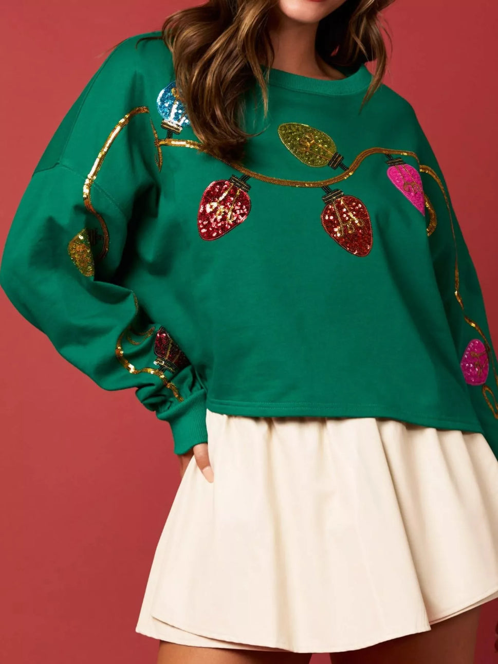 Christmas Holiday Lights Sequin Embellished Sweatshirt