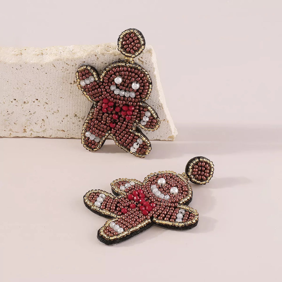 Christmas Gingerbread Man Beaded Dangle Earrings