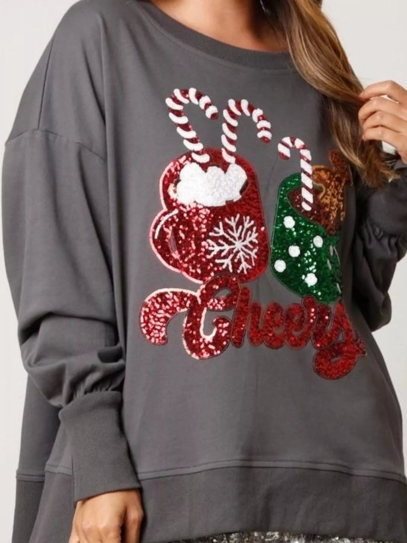 Christmas Sequin High-Low Round Neck Sweatshirt