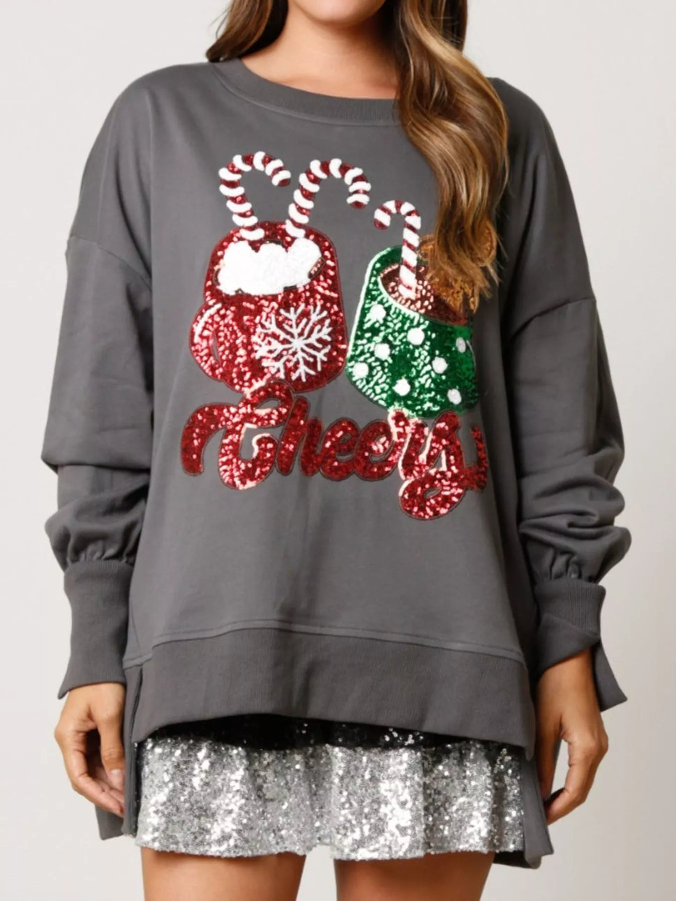 Christmas Sequin High-Low Round Neck Sweatshirt