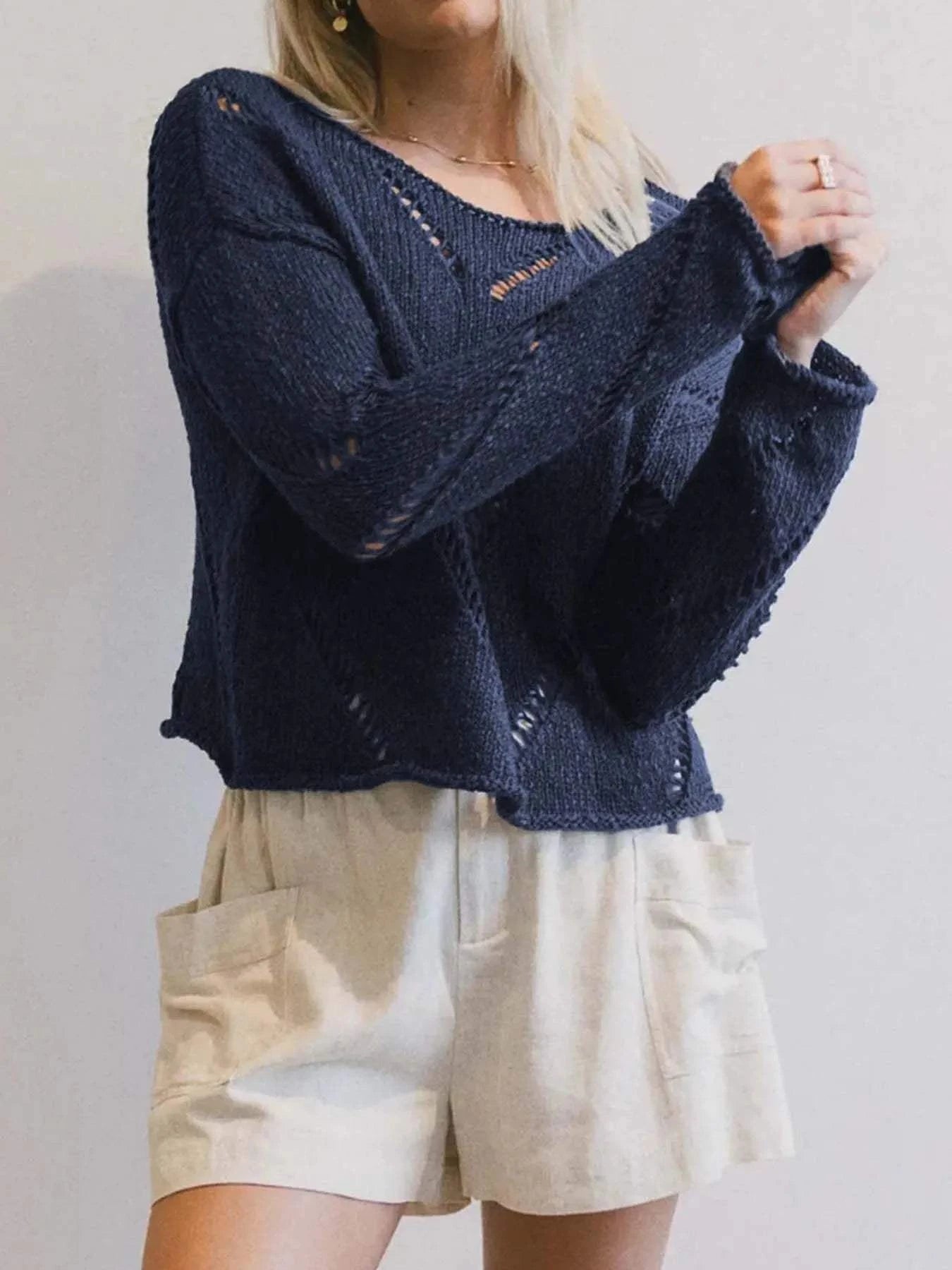 Openwork Boat Neck Long Sleeve Sweater