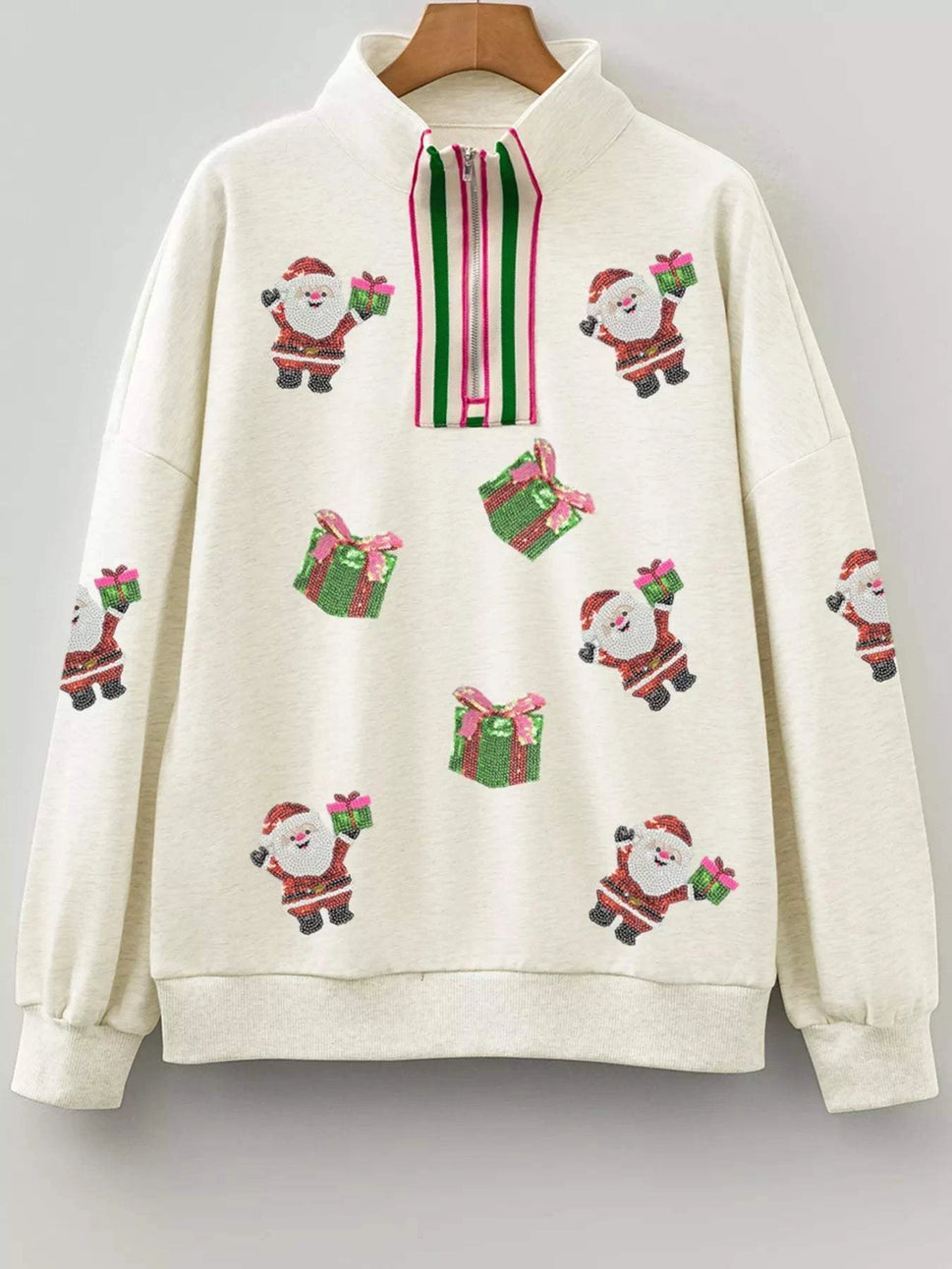 Christmas Striped Patchwork Zip Neck Sequin Santa Gift Sweatshirt