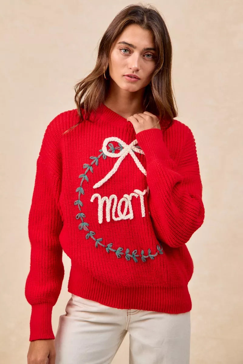 BiBi Christmas Wreath Merry Letter Knit Top