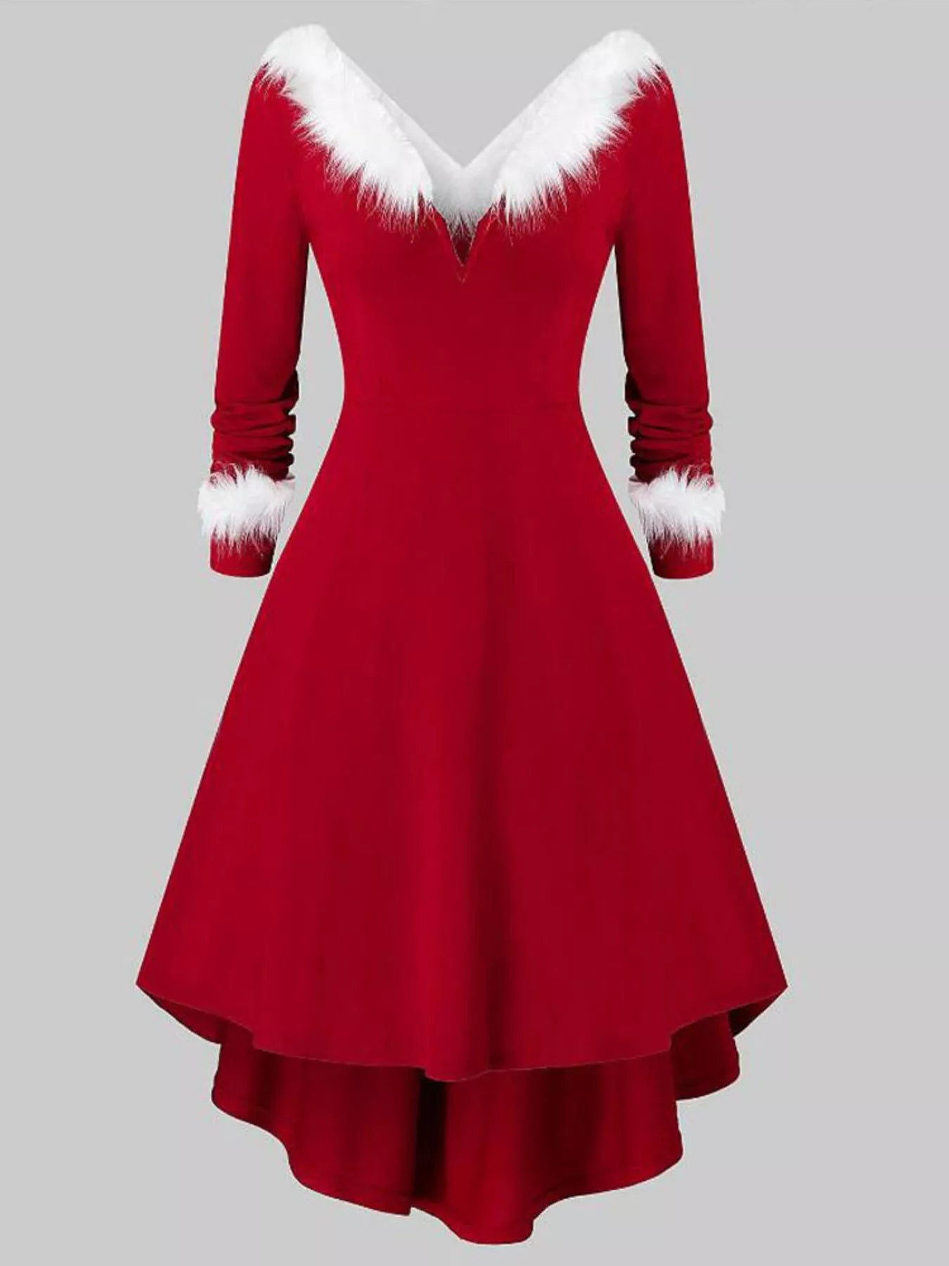 Fuzzy Trim Long Sleeve Christmas Dress