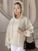 Switch Drawstring Fringe Hem Long Sleeve Hooded Sweater 3 image