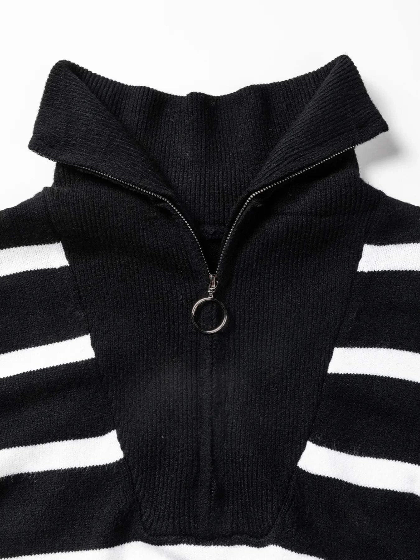 Striped O-ring Zip Collared Loose Sweater Mini Dress