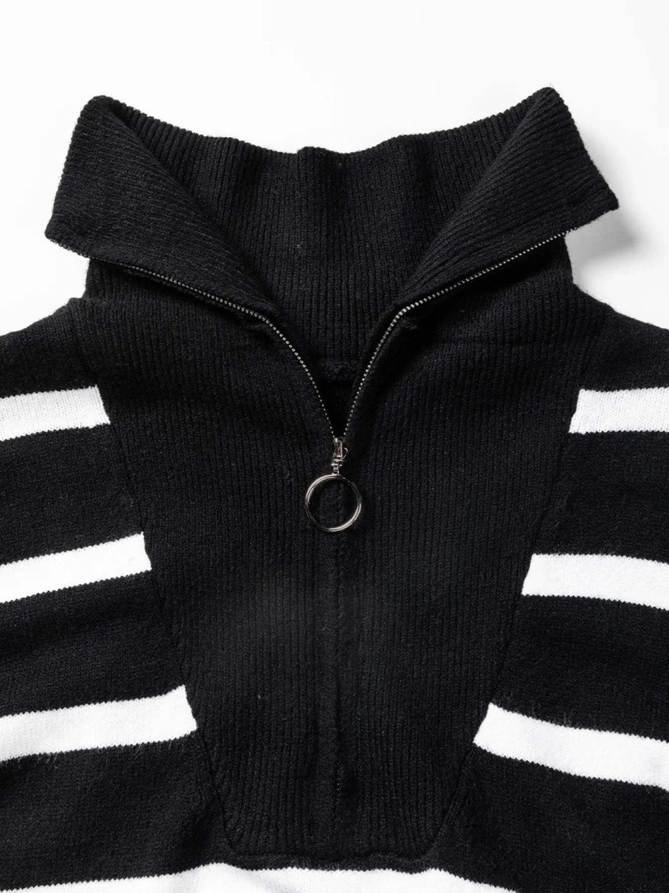 Striped O-ring Zip Collared Loose Sweater Mini Dress