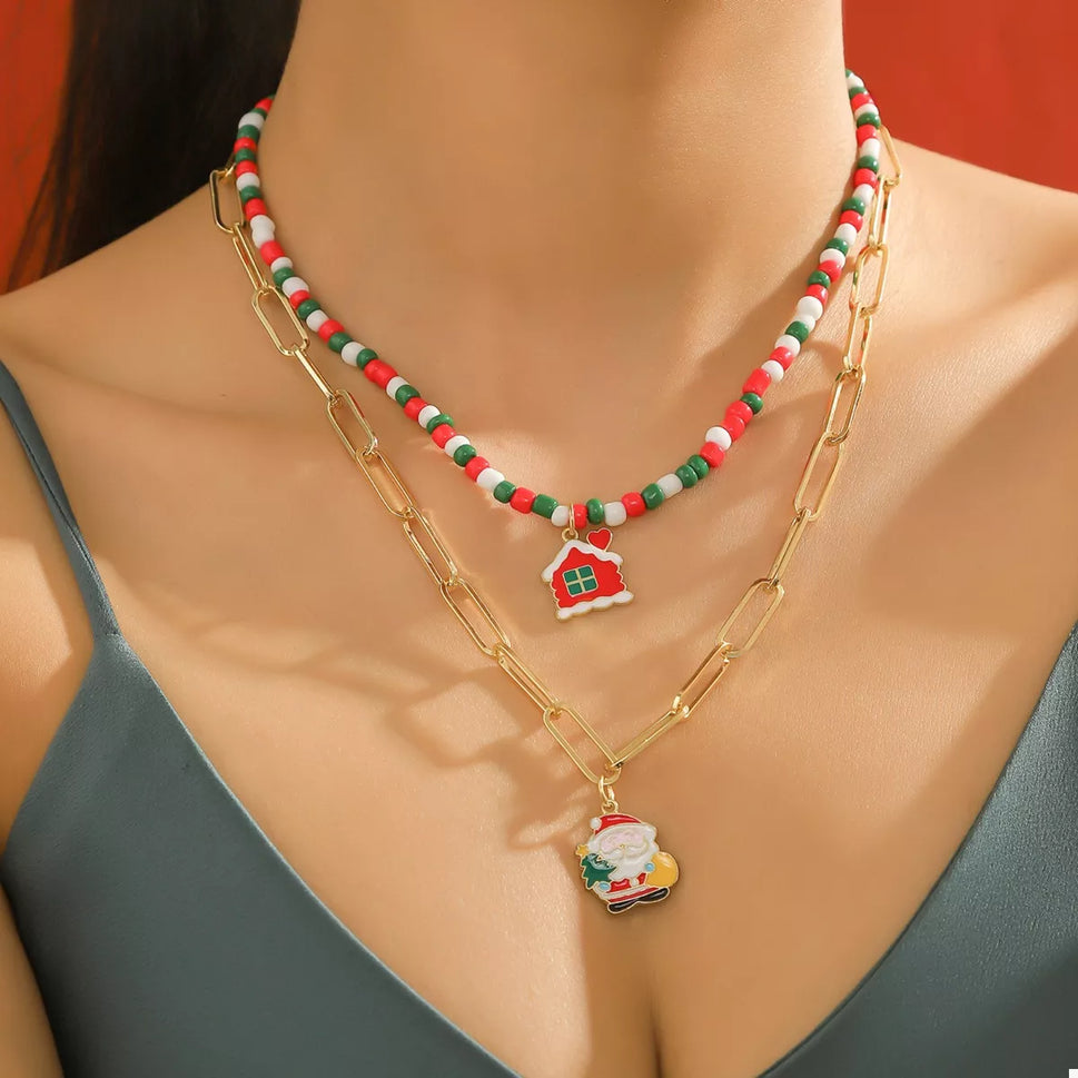 Christmas Double-Layer Necklace with Colorful Beads and Pendant